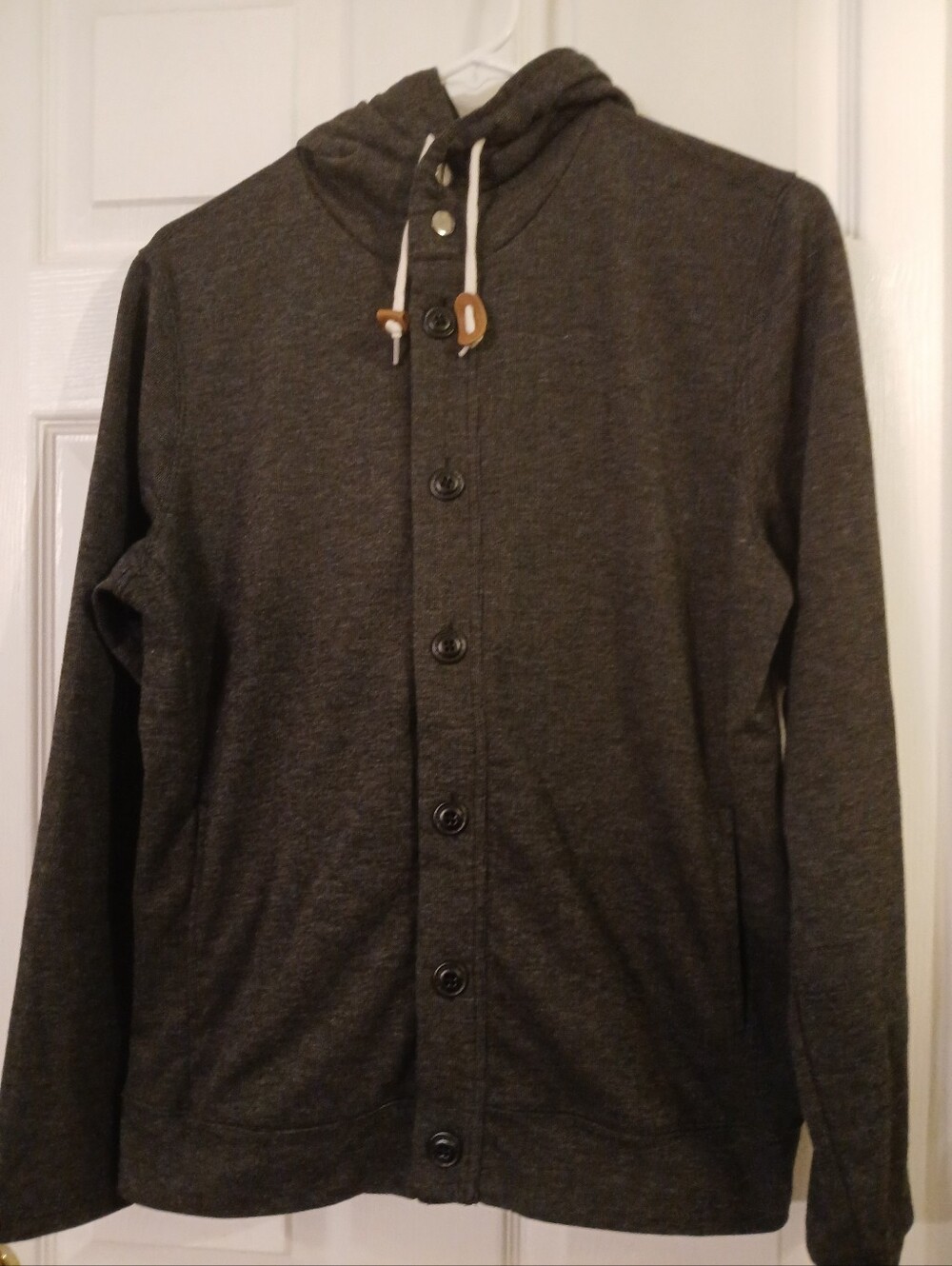 Vintage Jun Men Japanese Brand Button-Front Charcoal Knit Hoodie Size Med